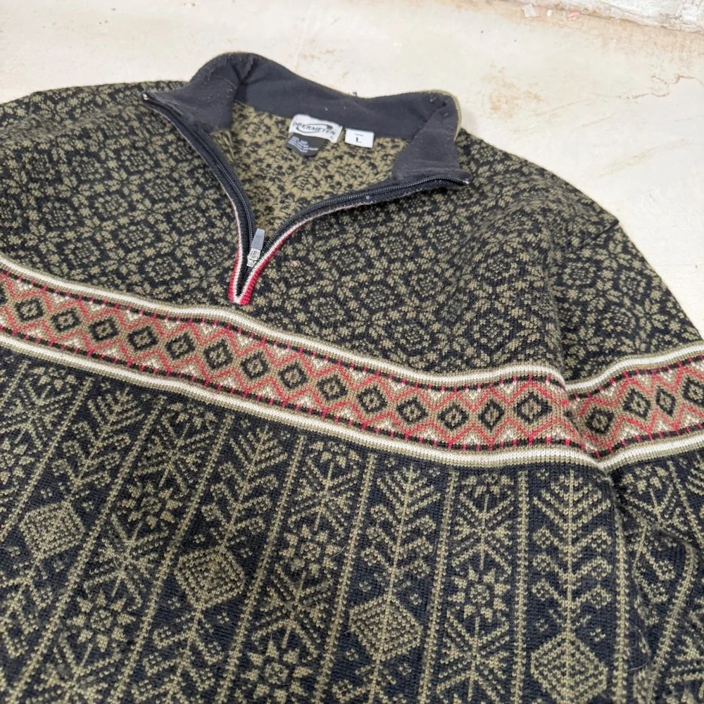 Obermeyer Mens Wool Quarter Zip‎ Sweater Nordic Fair Isle Green Black L 46201